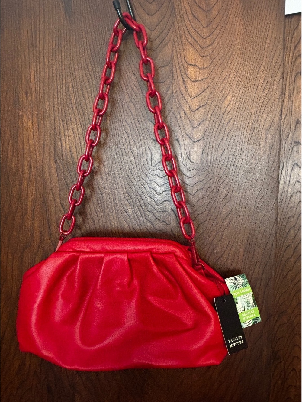 Badgley Mischka Red Vegan Leather Wrapped Frame Clutch Bag with Chain Strap